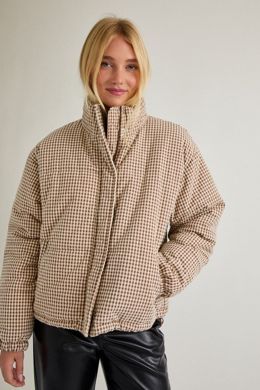 Gingham Brown and Cream Puffer Jacket