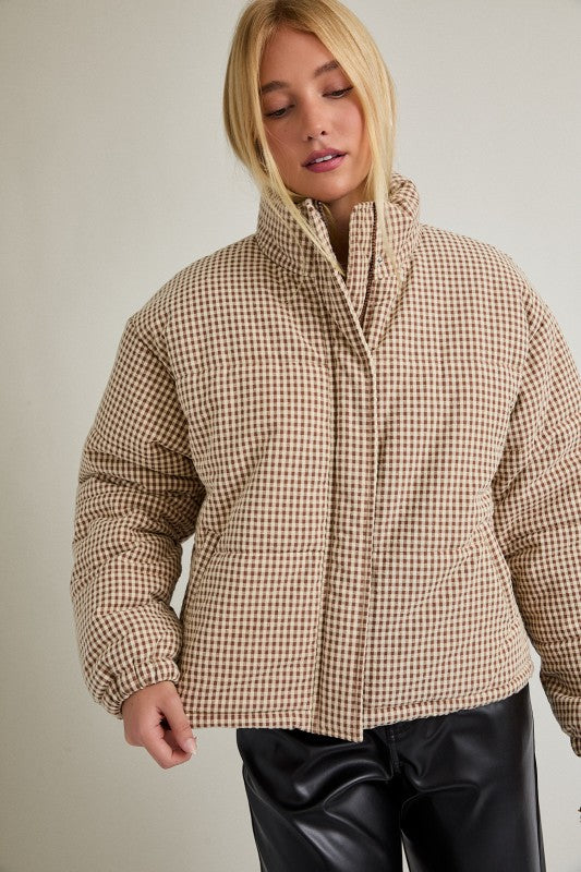 Gingham Brown and Cream Puffer Jacket