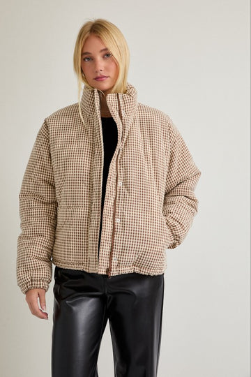 Gingham Brown and Cream Puffer Jacket