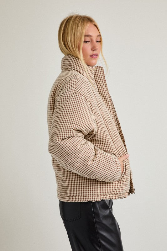 Gingham Brown and Cream Puffer Jacket