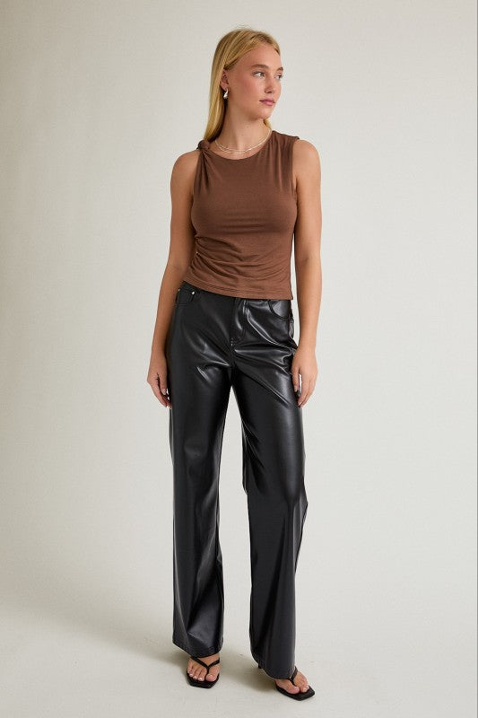 Brown Shoulder Tie Detail Sleeveless Knit Top