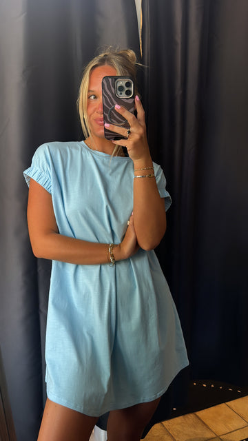 Teal Mini Dress Elastic Sleeve Detail