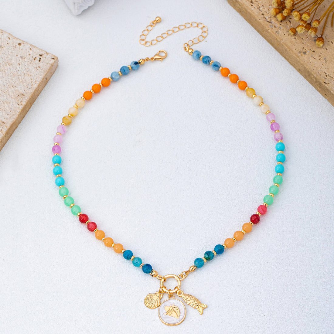 Rainbow Beaded Fish Charm Necklace