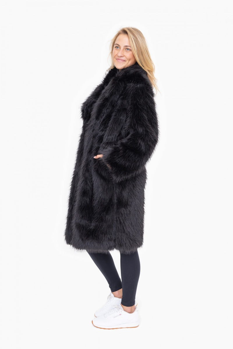 Faux Black Fur Longline Coat