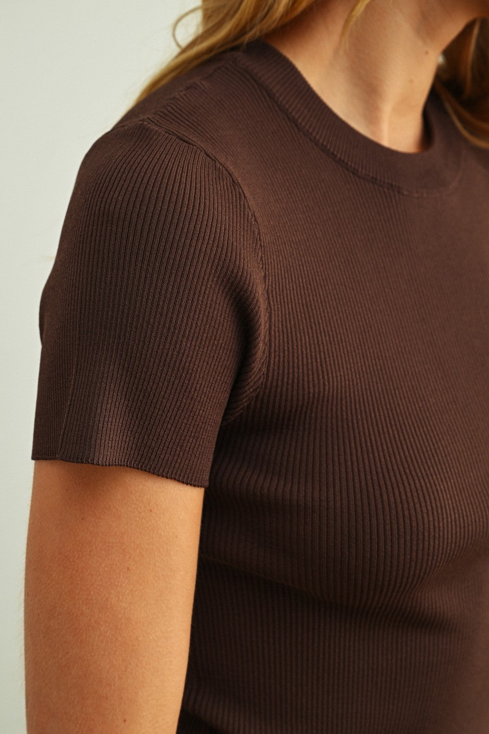 Brown Ribbed Short Sleeve Top