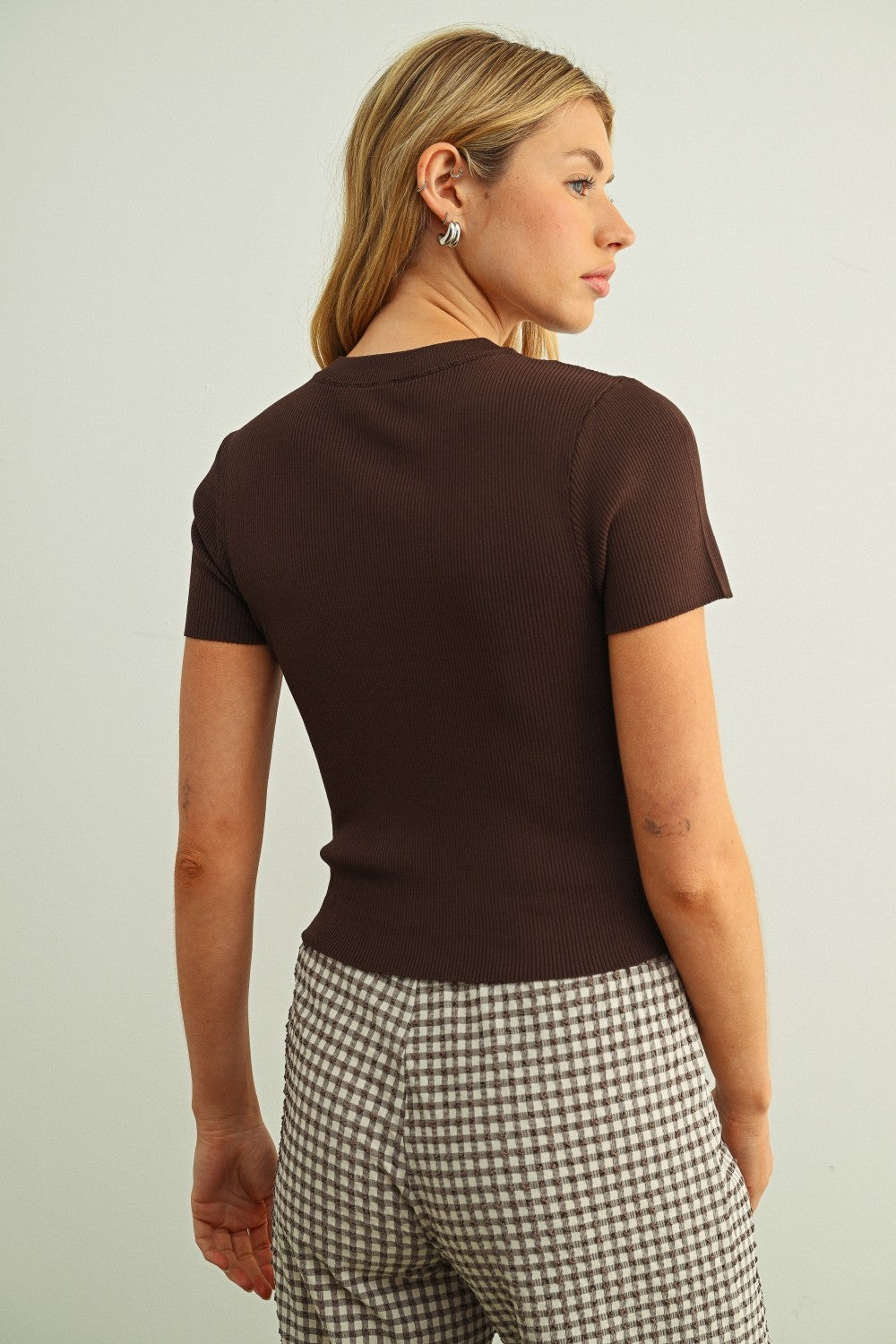 Brown Ribbed Short Sleeve Top