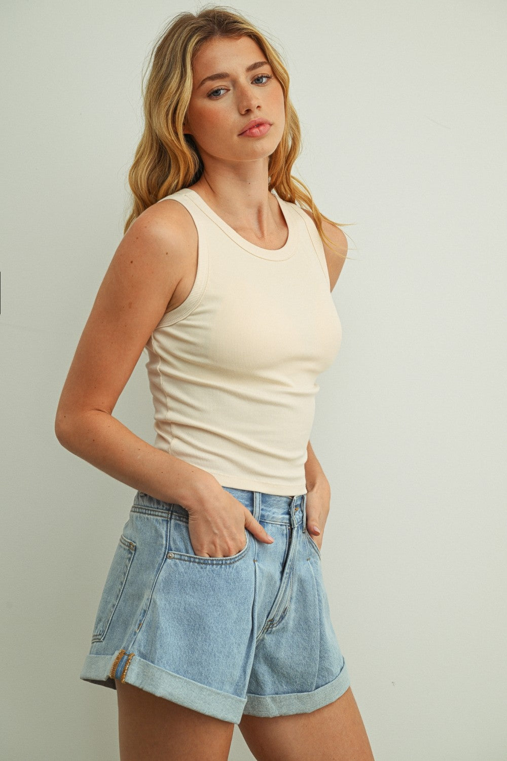 Ribbed Padded Tank - Cream