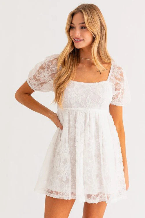 White Babydoll dress with Flower embroidery