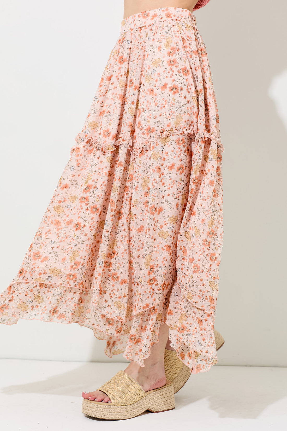 Floral Coral Printed Midi Skirt