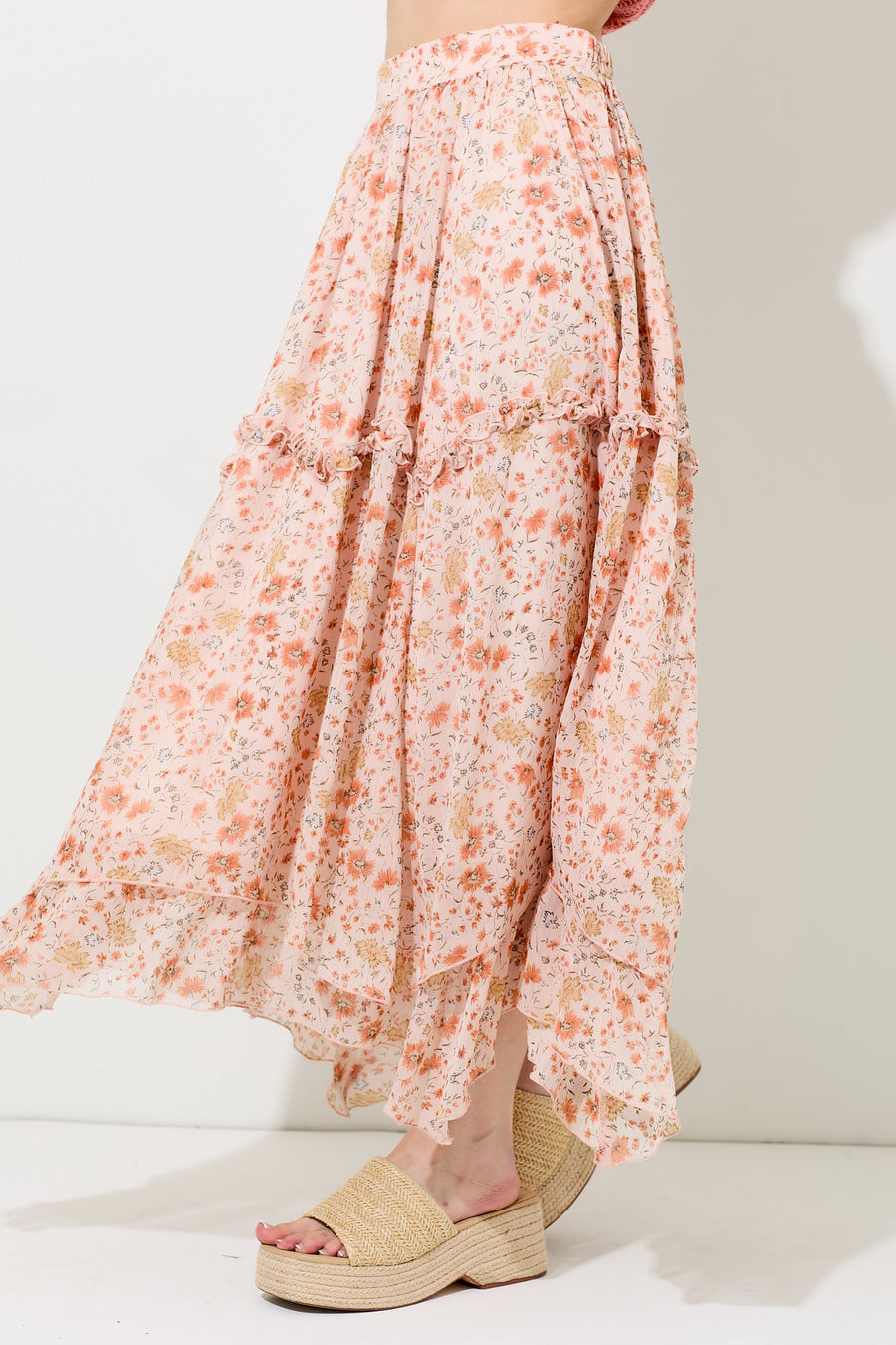 Floral Coral Printed Midi Skirt