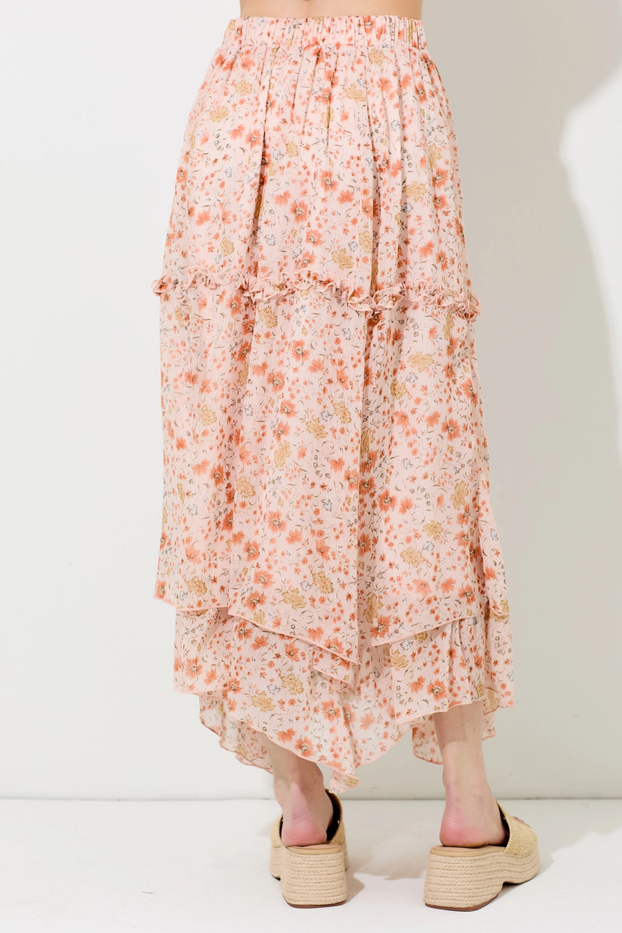 Floral Coral Printed Midi Skirt