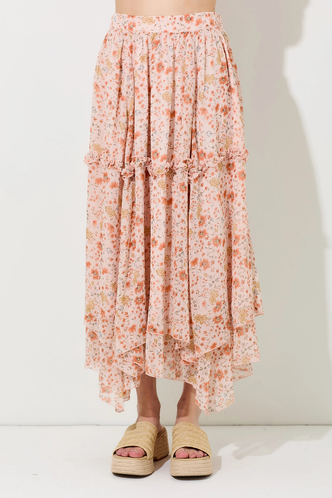 Floral Coral Printed Midi Skirt