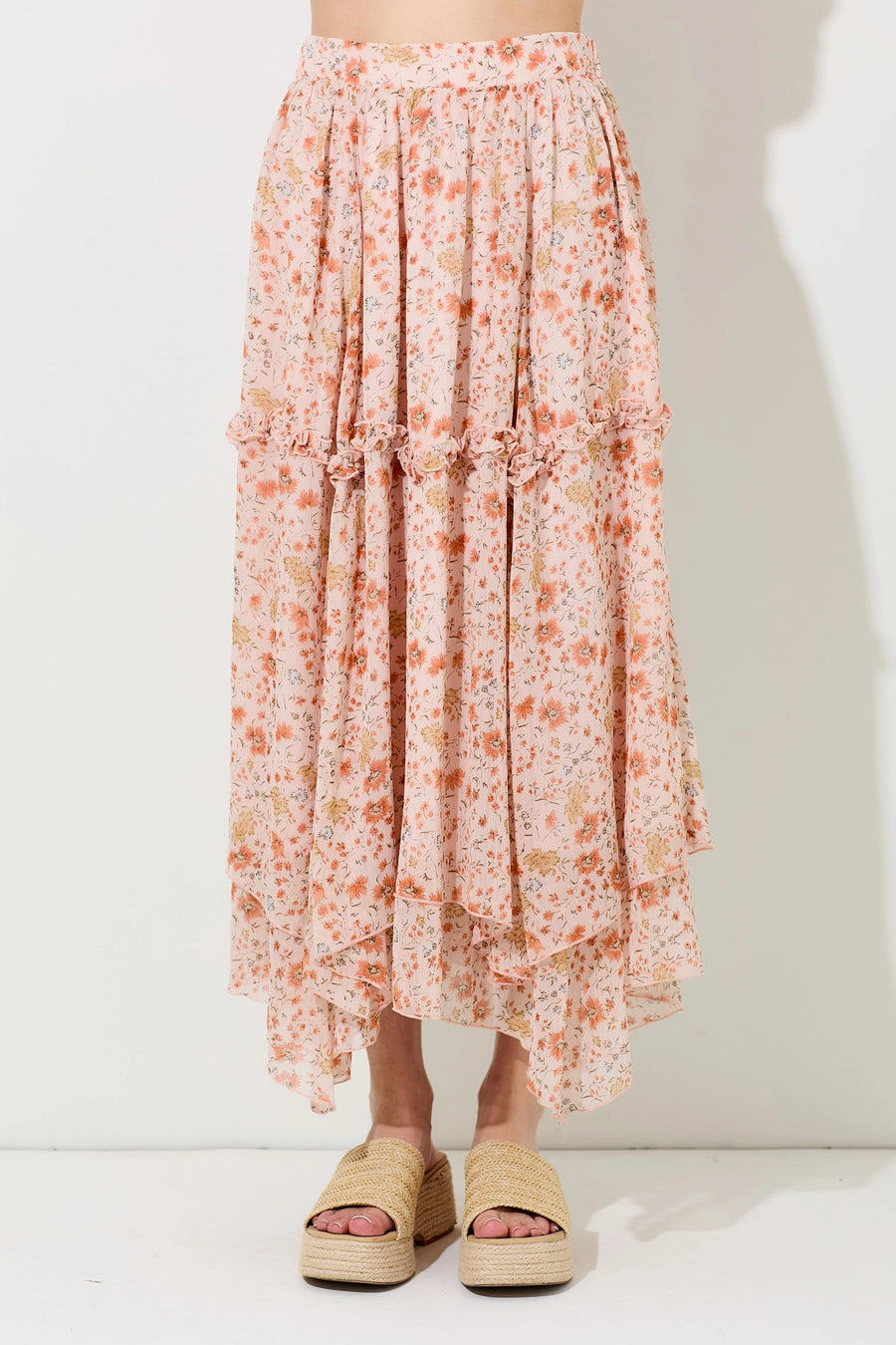 Floral Coral Printed Midi Skirt