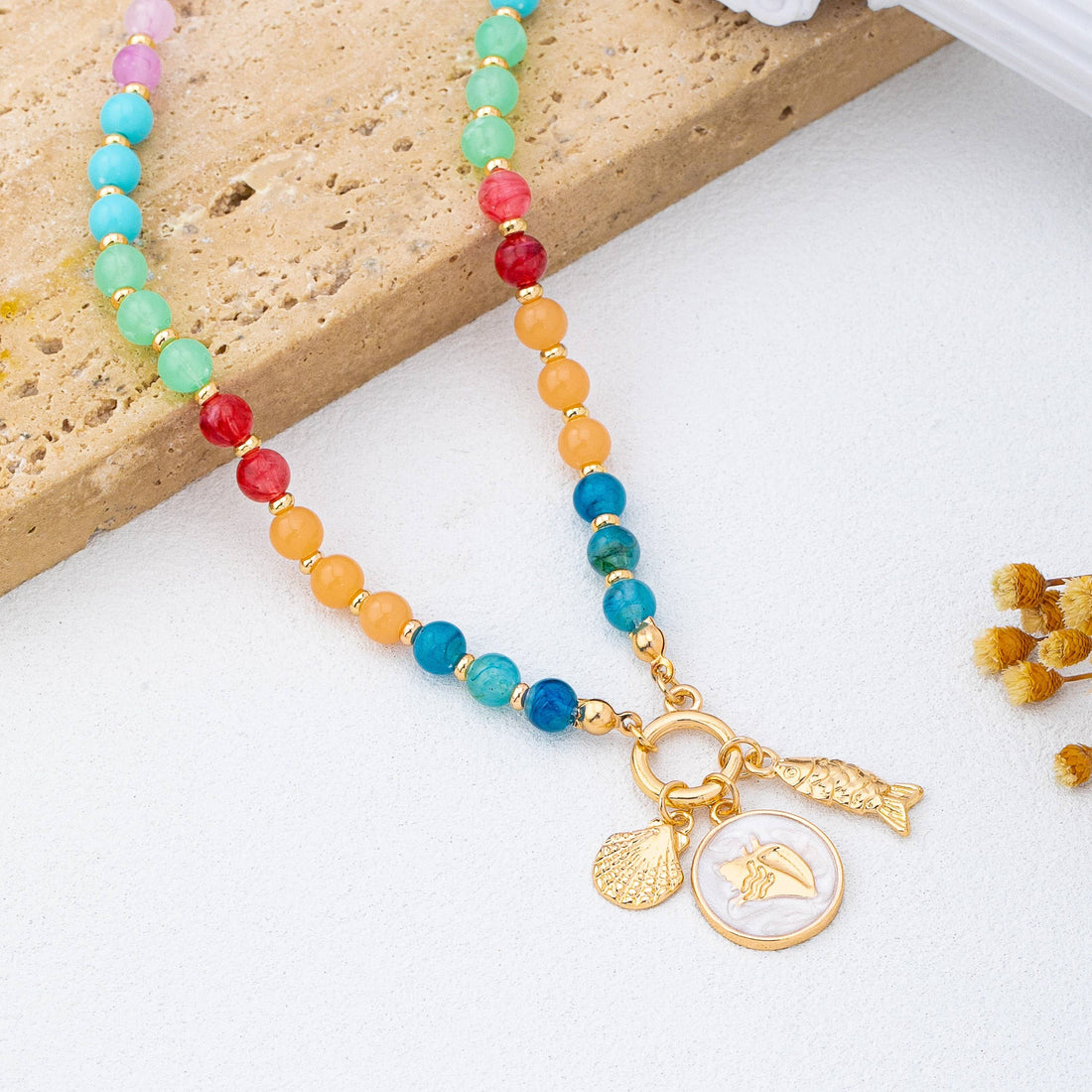 Rainbow Beaded Fish Charm Necklace