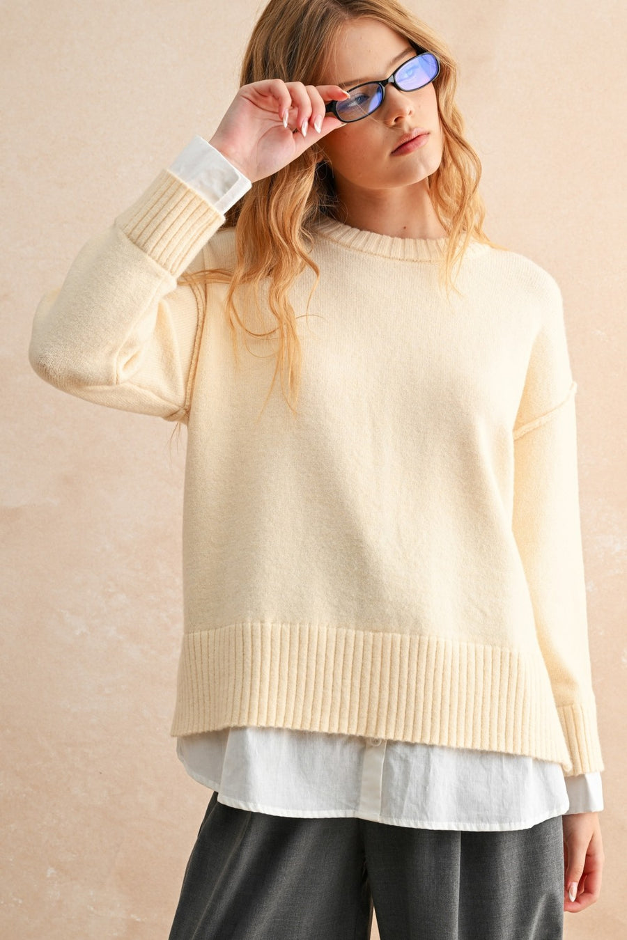 Beige Button Combo Sweater