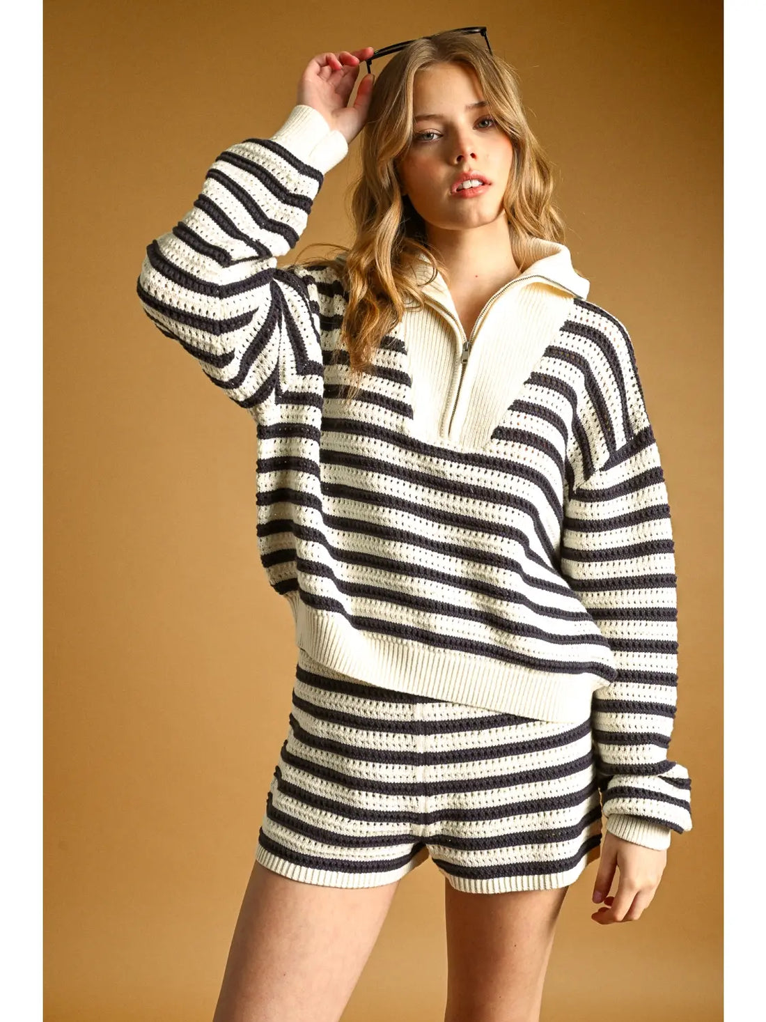 Navy Stripe Half Zip Sweater Top