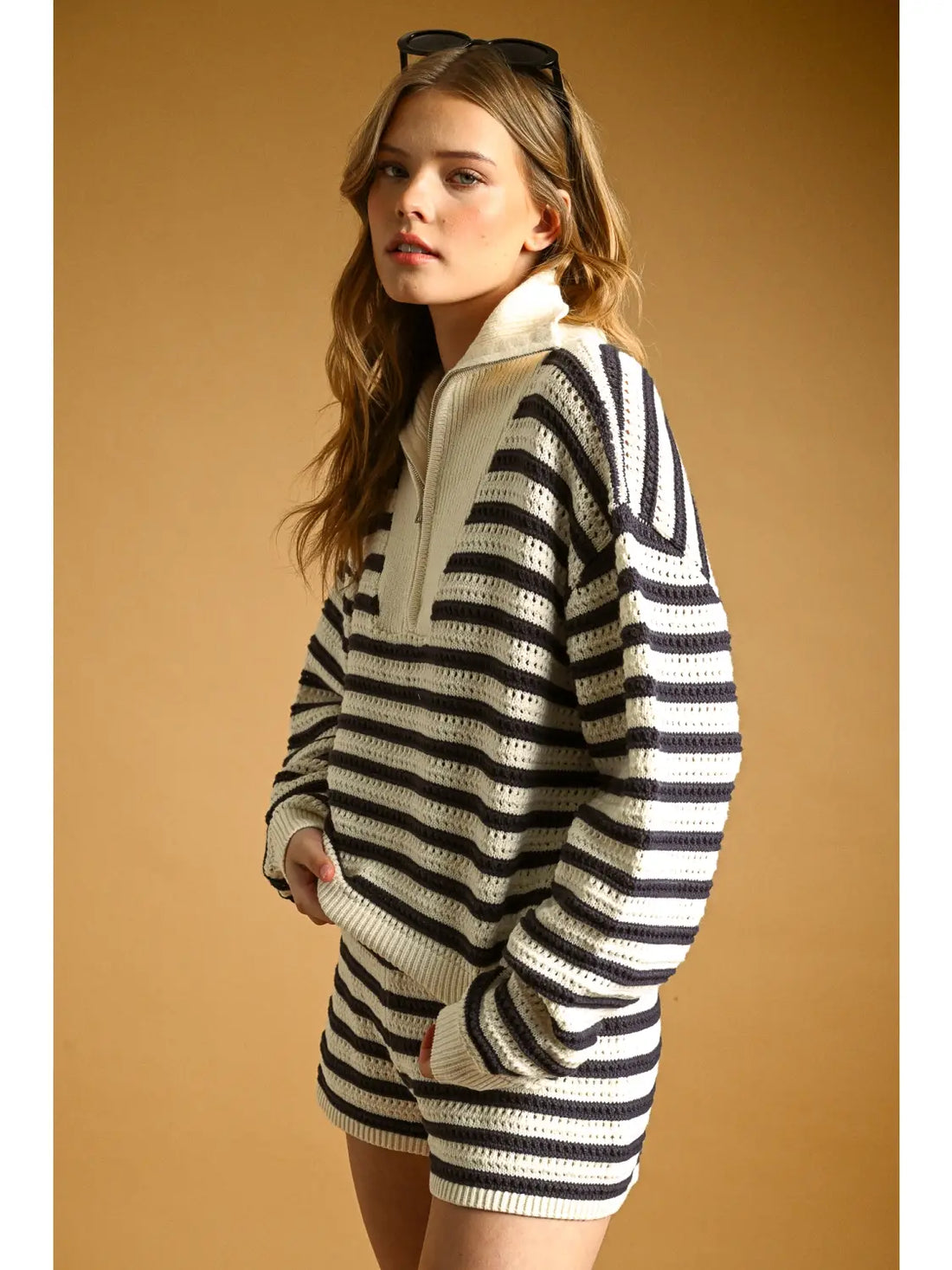 Navy Stripe Half Zip Sweater Top