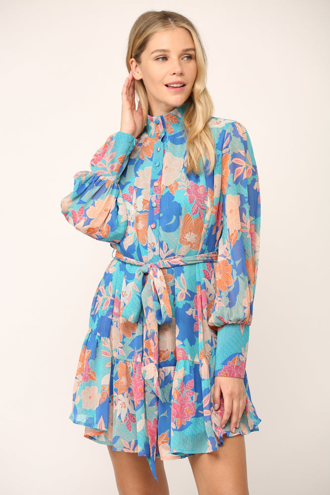 Floral Print Mock Neck Ruffle Dress