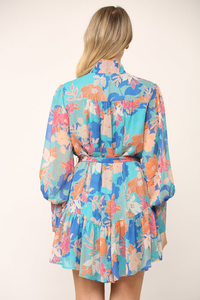 Floral Print Mock Neck Ruffle Dress