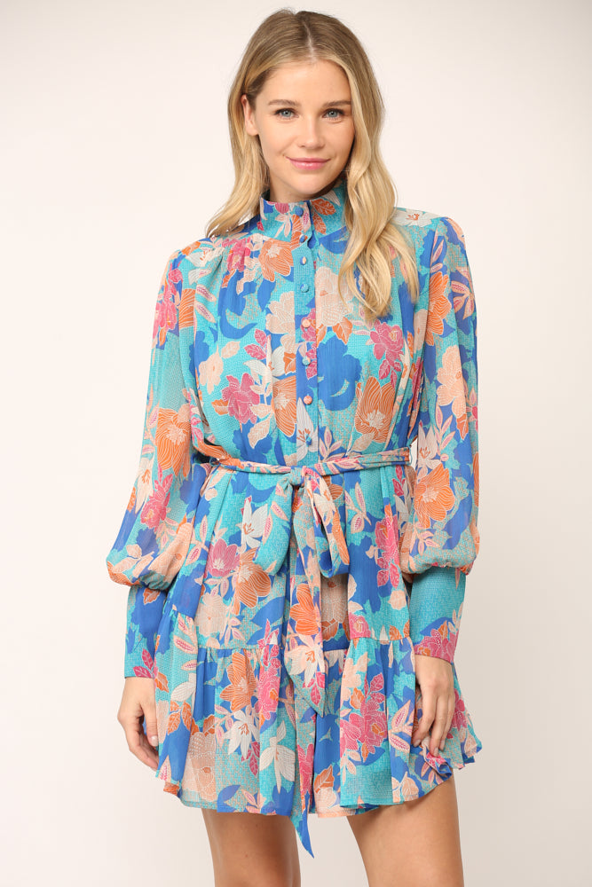 Floral Print Mock Neck Ruffle Dress